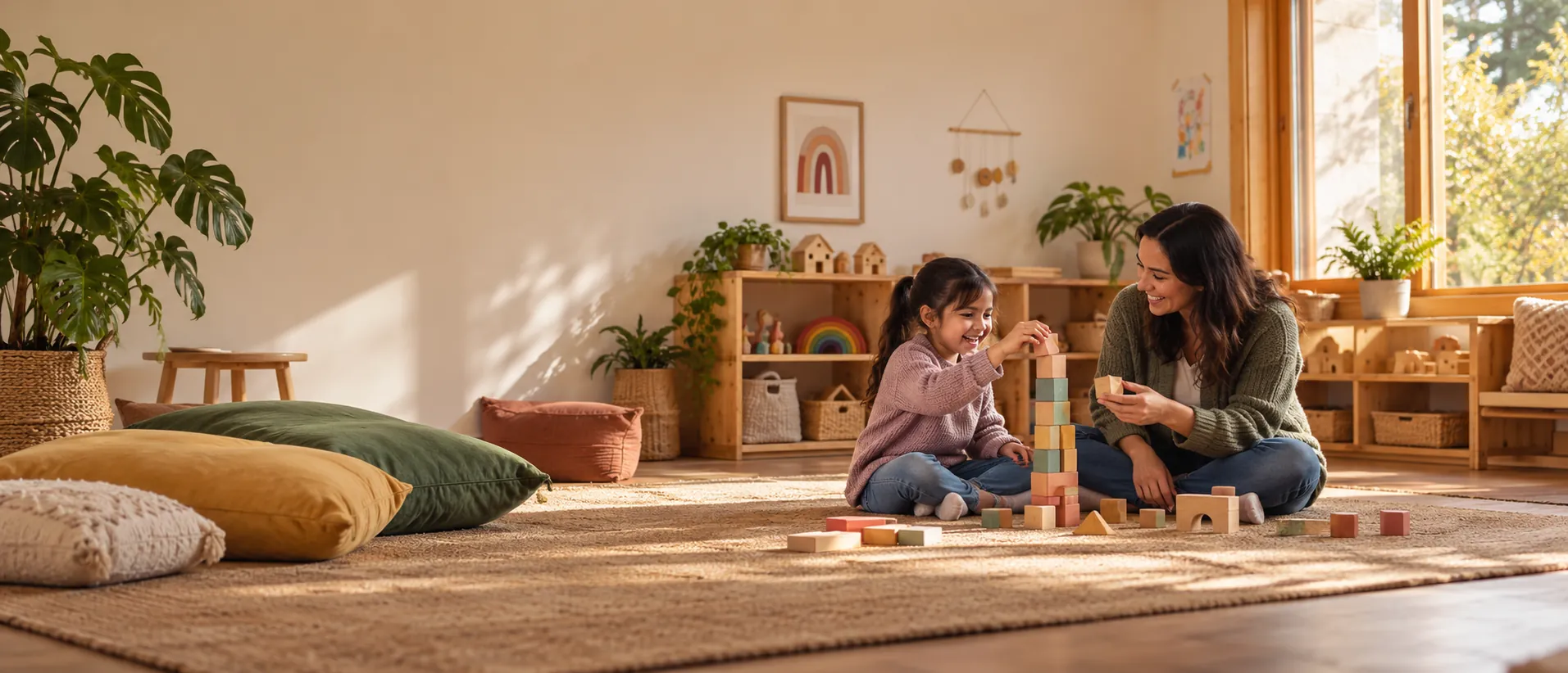 Una niña arma una torre de bloques de madera en el suelo de una sala luminosa, junto a una psicóloga que la mira sonriendo.