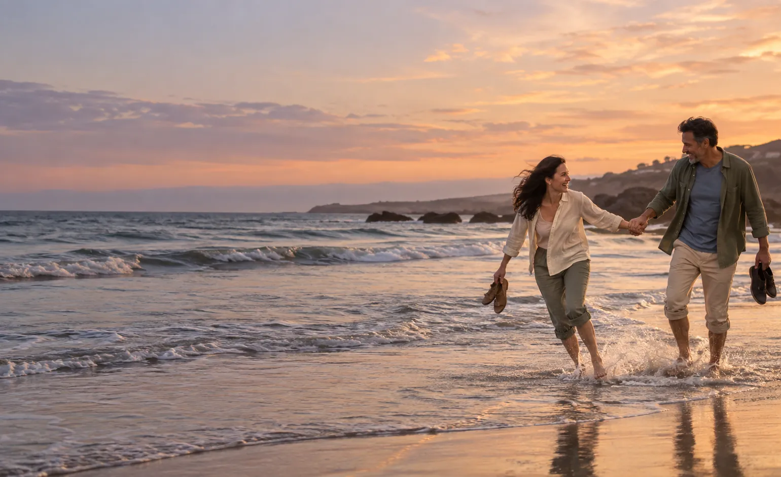 Una pareja camina de la mano por la orilla del mar, al atardecer.